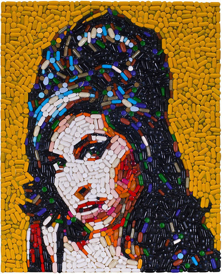 Amy Winehouse portrait made of pills and more junk art by Jason Mecier 