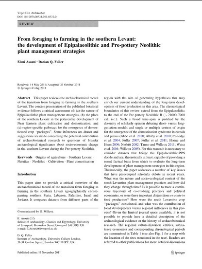 From foraging to farming in the southern Levant: the development of Epipalaeolithic and Pre-pottery Neolithic plant management strategies | World Neolithic | Scoop.it