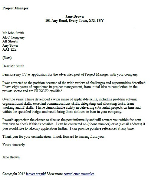 Project Manager Cover Letter Example â€“ icover.org.uk