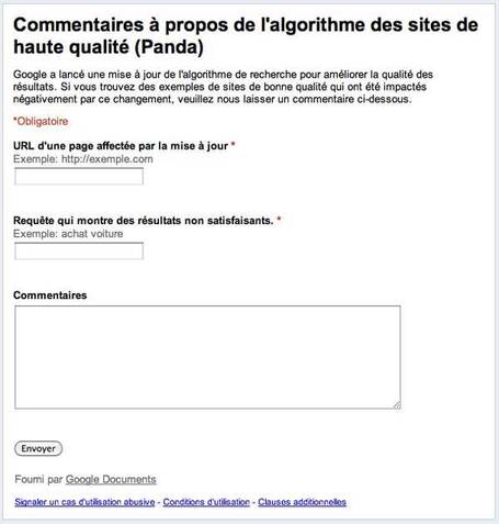 Un formulaire Google pour exprimer votre m&eacute;contentement vis-&agrave;-vis de Panda - Actualit&eacute; Abondance | Meta conseil | Scoop.it