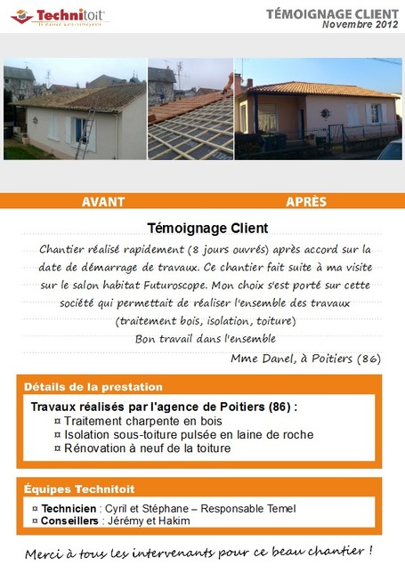 [T&eacute;moignage] Traitement charpente, r&eacute;novation et isolation toiture - Poitiers (86) | T&eacute;moignages Clients Technitoit | Scoop.it