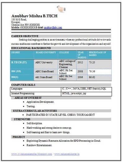 Download resume format for b com freshers