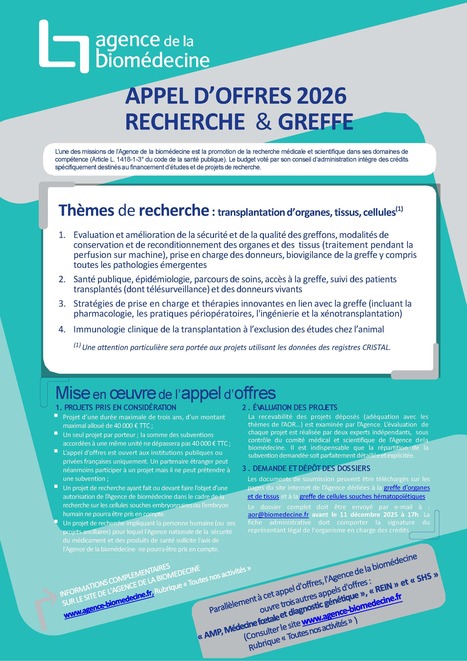 Appel d’offres : « Recherche et greffe » et « Sciences humaines et sociales » - Agence de la biomédecine | Life Sciences Université Paris-Saclay | Scoop.it