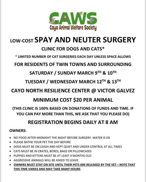 CAWS Spay & Neuter Clinics - March 2024 | Cayo Scoop!  The Ecology of Cayo Culture | Scoop.it