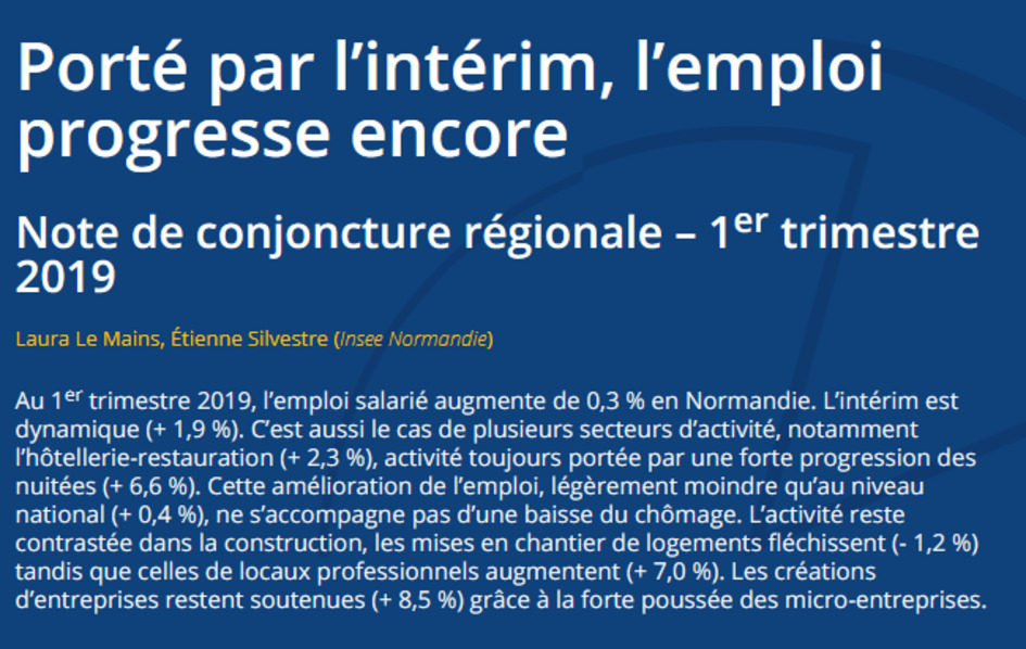[Insee Conjoncture Normandie] Porté par l’intérim, l’emploi progresse encore | Une semaine d'actu - Newsletter de veille de l'AURH | Scoop.it