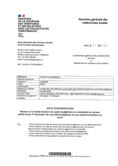 Modernisation du cadre budgétaire et comptable du secteur public local et évolution du contrôle budgétaire - Note d’information destinée aux services des préfectures chargées du contrôle budgétaire... | Veille juridique du CDG13 | Scoop.it