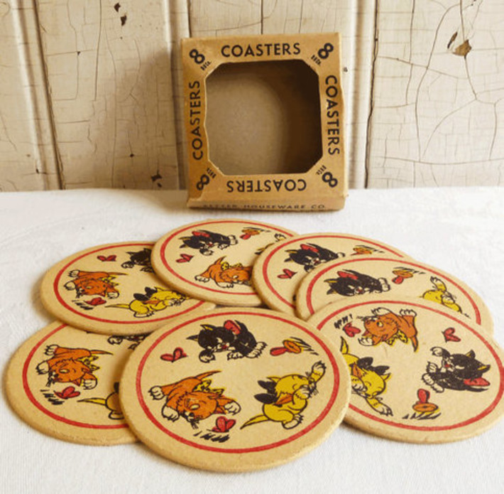 Cardboard Cat Coasters in Original Box -- Black Yellow Orange Kittens - Mid-Century 1950s | Kitsch | Scoop.it