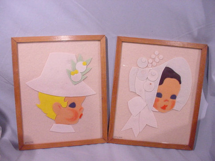 Pair Framed Pictures Felt Creations Little Girl and Boy Vintage Adorable | Antiques & Vintage Collectibles | Scoop.it
