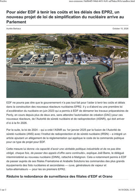 USINE_20261015_Pour aider EDF &agrave; tenir les co&ucirc;ts et les d&eacute;lais des EPR2, un nouveau projet de loi de simplification du nucl&eacute;aire arrive au Parlement.pdf | Am&eacute;nagement & d&eacute;veloppement &eacute;conomique. Urbanisme, foncier & Habitat | Scoop.it