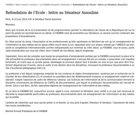 Lettre de la Fadben au Vice-Président de la Commission Culture, Education et communication du Sénat : pour des compétences informationnelles à la hauteur des enjeux éducatifs du XXIe siècle | Bonnes pratiques en documentation | Scoop.it