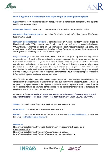 Poste d’ingénieur-e d’étude (IE) ou Aide Ingénieur (AI) en techniques biologiques   (1 an) | SEED-DREAM Lab info | Scoop.it