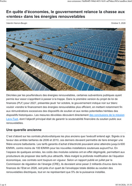 USINE_2026_En qu&ecirc;te d&rsquo;&eacute;conomies, le gouvernement relance la chasse aux rentes dans les &eacute;nergies renouvelables.pdf | Transition &eacute;nerg&eacute;tique et &eacute;cologique. Mobilit&eacute; et transports | Scoop.it