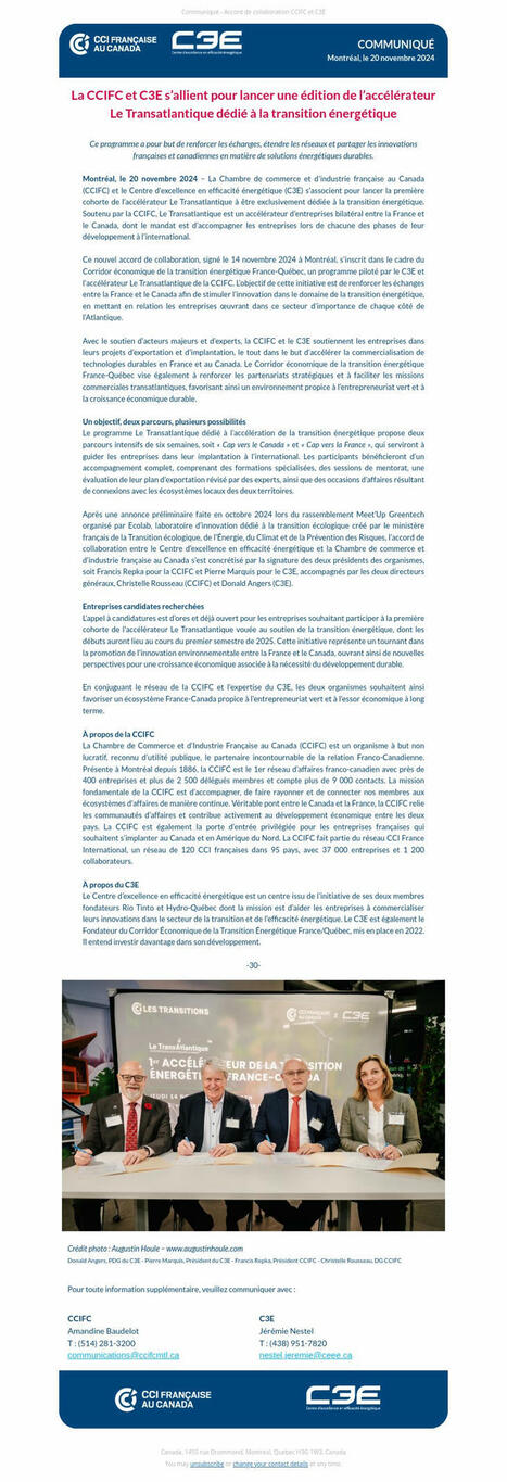 La CCIFC et C3E s’allient pour lancer une édition de l’accélérateur Le Transatlantique dédié à la transition énergétique | COOPERATIONS INTERNATIONALES FRANCOPHONES POUR LA TRANSITION ECOLOGIQUE | Scoop.it