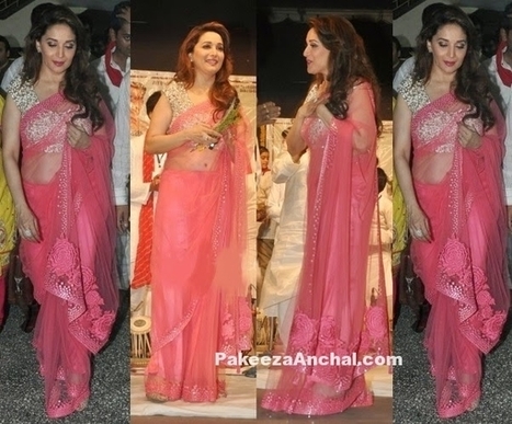 Madhuri Dixit in Pink Party Wear Embroidery Netted Saree with Silver Shining Blouse | Indian Fashion Updates | Scoop.it
