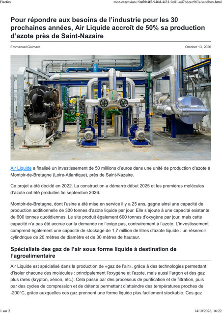 USINE_20261013_Pour r&eacute;pondre aux besoins de l&rsquo;industrie pour les 30 prochaines ann&eacute;es, Air Liquide accro&icirc;t de 50 pour cent sa production d&rsquo;azote pr&egrave;s de Saint-Nazaire.pdf | "Sur mesure" : l'actualit&eacute; du cabinet | Scoop.it