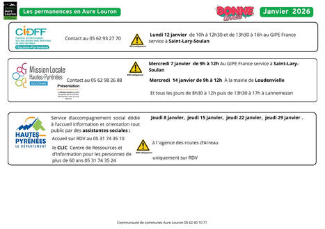 Les permanences des services publics en Aure et Louron pour f&eacute;vrier 2026 : Renov'Occitanie, OPAH, DDFIP, France Services, Maison du travail saisonnier, CIDDF, Mission Locale, Accompagnement social | Vall&eacute;es d'Aure & Louron - Pyr&eacute;n&eacute;es | Scoop.it