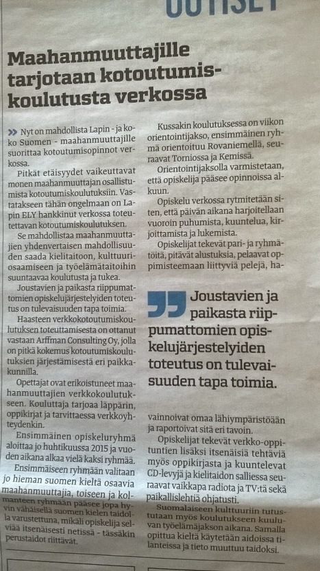 Maahanmuuttajien kotoutumiskoulutus verkossa alkaa Lapissa | 1Uutiset - Lukemisen tähden | Scoop.it