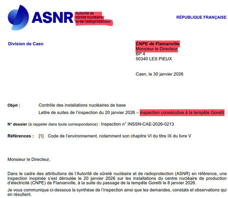 Lettre de suites de l&rsquo;inspection du 20 janvier 2026 &ndash; inspection cons&eacute;cutive &agrave; la temp&ecirc;te Goretti | Non au Nucl&eacute;aire | Scoop.it