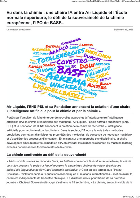 USINE_20260916_Vu dans la chimie une chaire IA entre Air Liquide et l&rsquo;&Eacute;cole normale sup&eacute;rieure, le d&eacute;fi de la souverainet&eacute; de la chimie europ&eacute;enne, l&rsquo;IPO de BASF.pdf | "Sur mesure" : l'actualit&eacute; du cabinet | Scoop.it