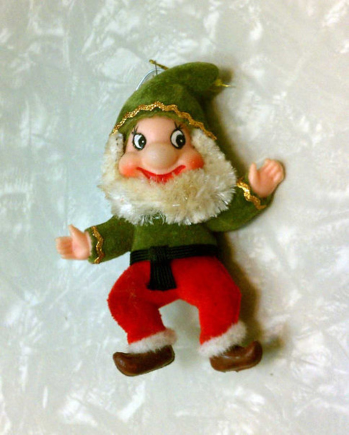 Vintage Retro Mid Century Modern Green & Red Kitschy Flocked Elf Ornament Dwarf Disney-esque | Antiques & Vintage Collectibles | Scoop.it