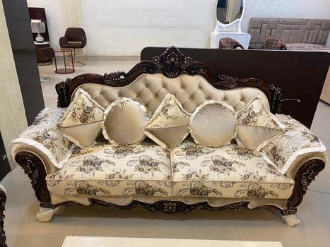 Buy Luxury Dark Wood Goden Beige Print Cushioned Sofa Set  | Punjab Furniture | Scoop.it