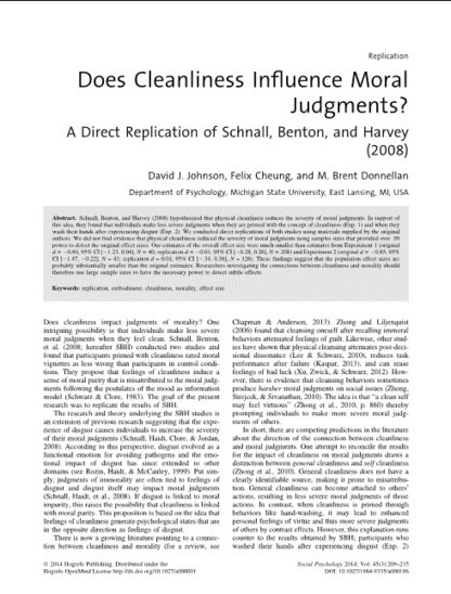Does Cleanliness Influence Moral Judgments? - Social Psychology - Volume 45, Number 3 / 2014 - Hogrefe Publishing | Bounded Rationality and Beyond | Scoop.it