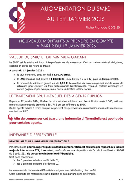 Augmentation du SMIC au 1er janvier 2026 : nouveaux montants &agrave; prendre en compte &agrave; partir du 1er janvier 2026 &ndash; Indemnit&eacute; diff&eacute;rentielle appliqu&eacute;e pour certains agents | Veille juridique du CDG13 | Scoop.it