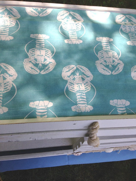 Aqua blue slub cloth cotton fabric white lobster screen print piece remnant coastal decor for craft material by ilPiccoloGiardino | Beachy Keen | Scoop.it