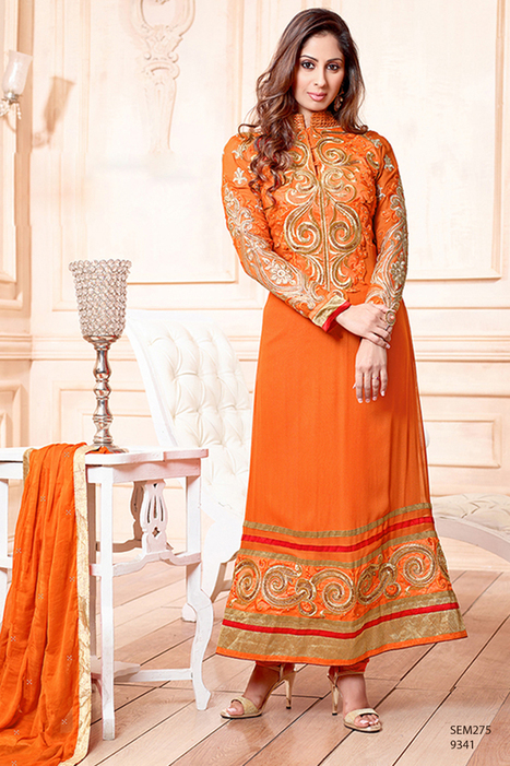 Sangeeta Ghosh Georgette Orange Long Length Ana