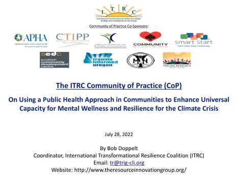The International Transformational Resilience Coalition (ITRC) Community of Practice (CoP) Presentation | Climate Psychology "Climate change and environmental destruction threatens us with powerful feelings – loss, grief, guilt, anxiety, shame, despair." Climate Psychology Alliance's Handbook of Climate Psychology | Scoop.it