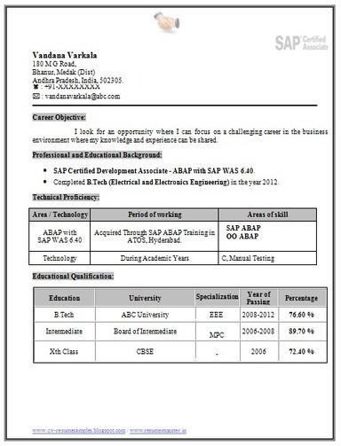 Student Bcom Student Resume Format For Freshers