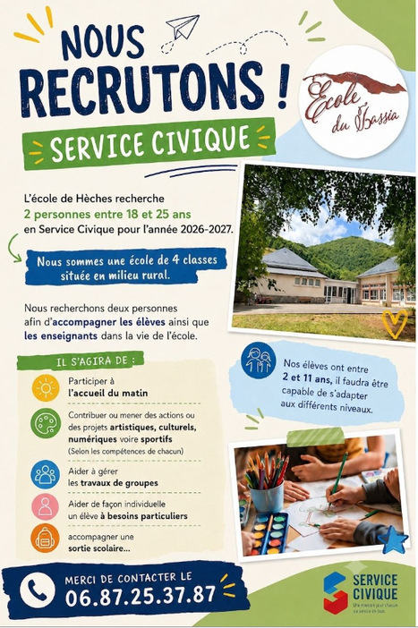 L'&eacute;cole de H&egrave;ches recrute 2 services civiques | Vall&eacute;es d'Aure & Louron - Pyr&eacute;n&eacute;es | Scoop.it