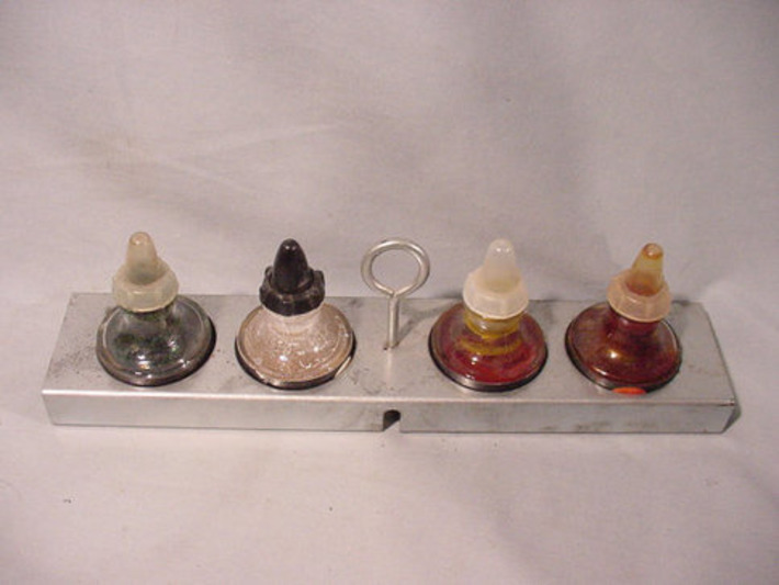 Higgins Drawing Ink Bottle Holder, 4 slots With Bottles Yellow still is liquid | Antiques & Vintage Collectibles | Scoop.it