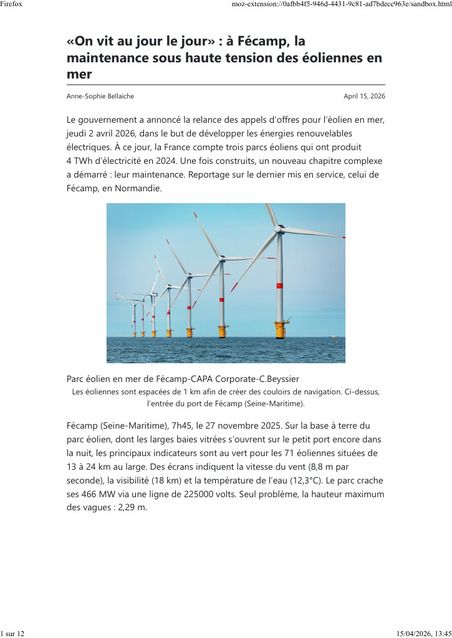 USINE_20260415_On vit au jour le jour &agrave; F&eacute;camp, la maintenance sous haute tension des &eacute;oliennes en mer.pdf | Transition &eacute;nerg&eacute;tique et &eacute;cologique. Mobilit&eacute; et transports | Scoop.it