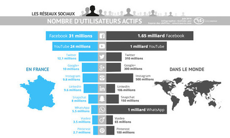 [Infographie] Combien d'utilisateurs des réseaux sociaux en France de Facebook, Twitter, Instagram, LinkedIn, Snapchat, YouTube, Google+, Pinterest, WhatsApp, Viadeo  | Geeks | Scoop.it
