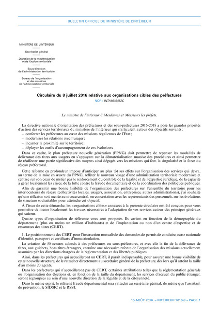 9/09/2016 - Circulaire du 8 juillet 2016 relative aux organisations cibles des pr&eacute;fectures | Actualit&eacute;s territoriales | Scoop.it