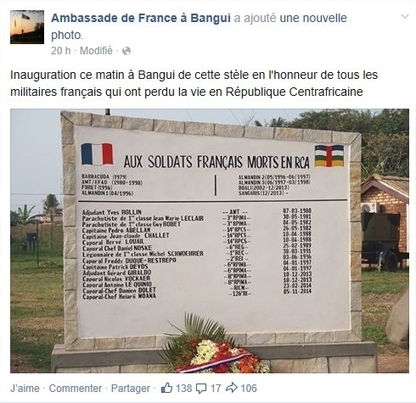 Une st&egrave;le aux soldats fran&ccedil;ais tomb&eacute;s en RCA a &eacute;t&eacute; inaugur&eacute;e &agrave; Bangui | DEFENSE NEWS | Scoop.it