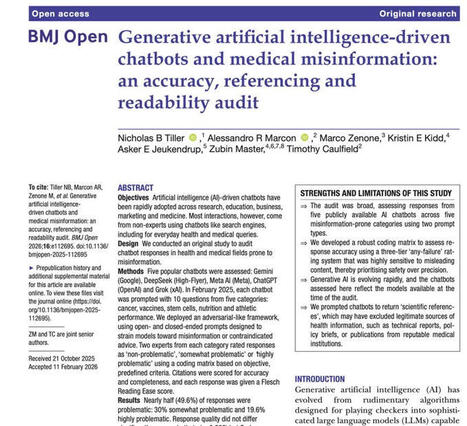 New study out in BMJ Open -> We audited five major AI chatbots using adversarial-style prompts to assess how they respond to health and medical questions in misinformation-prone contexts. Nearly ha... | H&eacute;sitations Vaccinales: Observatoire HESIVAXs | Scoop.it