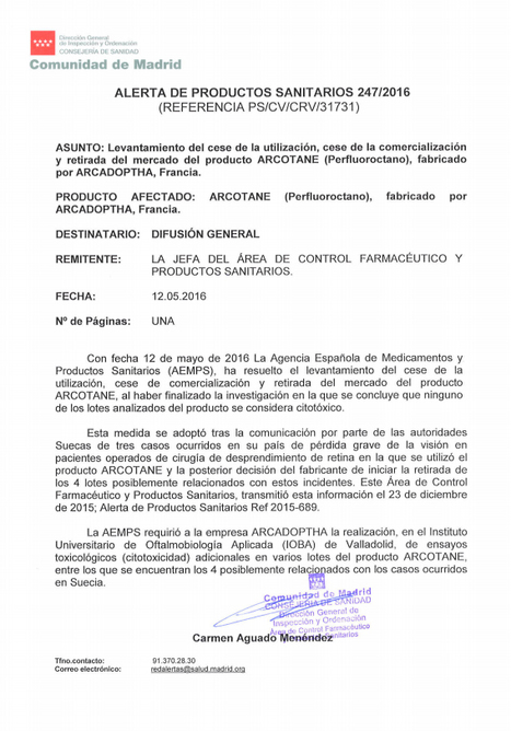 Levantamiento del cese de utilización, cese de la comercialización y retirada del mercado del producto ARCOTANE (Perfluoroctano), fabricado por ARCADOPTHA, Francia | Salud Visual (Profesional) 2.0 | Scoop.it