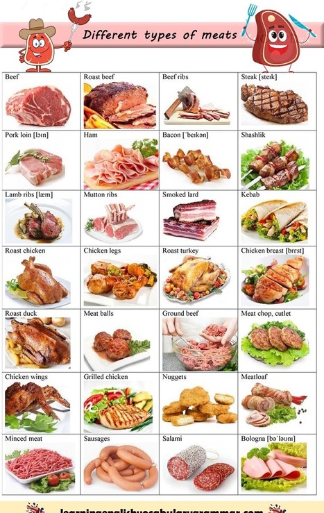 Meat seafood from around the world vocabulary list PDF | Learn basic English grammar, conversation, free online lessons | Scoop.it