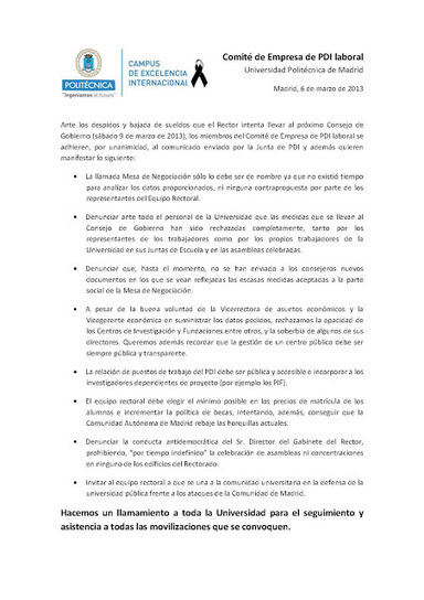 Comunicado del Comité de Empresa de PDI laboral Universidad Politécnica de Madrid | Boletín especial Consejo de Gobierno UPM #23F | Scoop.it