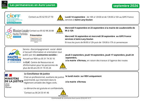 Les permanences des services publics en Aure et Louron en Septembre 2026 : Renov'Occitanie, DDFIP, France Services, Maison du travail saisonnier, CIDDF, Mission Locale, Accompagnement social, conci... | Vall&eacute;es d'Aure & Louron - Pyr&eacute;n&eacute;es | Scoop.it