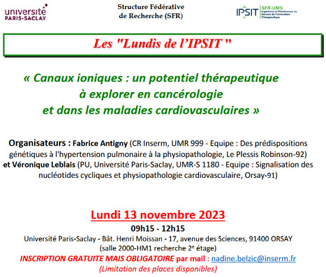 Les Lundis de l'IPSIT - Lundi 13 novembre 2023 : "Canaux ioniques : un potentiel thérapeutique à explorer en cancérologie et dans les maladies cardiovasculaires" | Life Sciences Université Paris-Saclay | Scoop.it