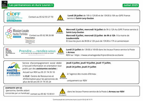 Les permanences en Aure et Louron pour Juillet 2025 : DDFIP, Renov'Occitanie, OPAH, France Services, Maison du travail saisonnier, CIDDF, Mission Locale, Accompagnement social | Vallées d'Aure & Louron - Pyrénées | Scoop.it