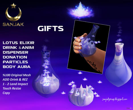 Lotus Elixir Drink Dispenser Donate & Aura Particles July 2021 Group Gift by Sanjak | Teleport Hub - Second Life Freebies | Second Life Freebies | Scoop.it