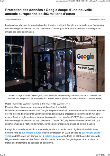 LESECHOS_20260921_Protection des donn&eacute;es Google &eacute;cope d'une nouvelle amende europ&eacute;enne de 403 millions d'euros.pdf | Protection de la donn&eacute;e | Scoop.it