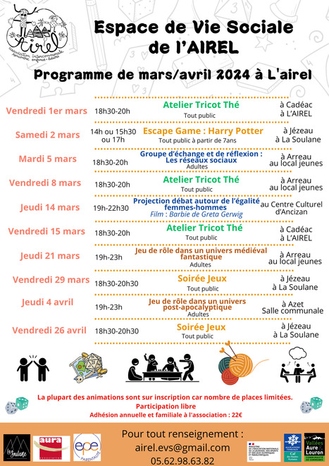 Animations de l'Espace de Vie Sociale de l'AIREL pour mars et avril 2024 | Vallées d'Aure & Louron - Pyrénées | Scoop.it