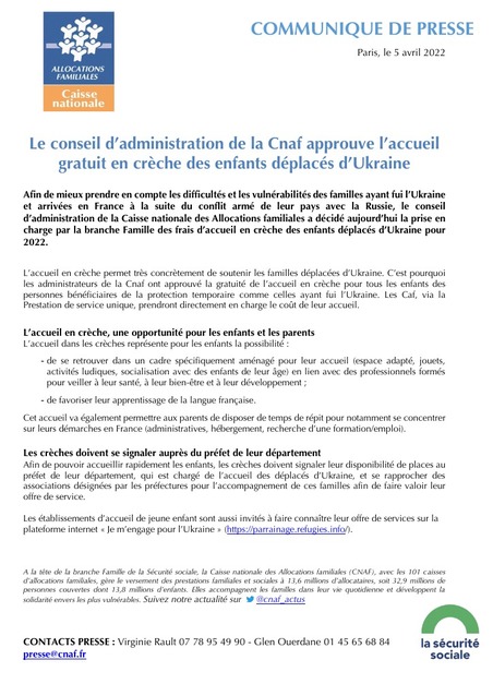 Enfants déplacés d’Ukraine - Accord de la CNAF pour l’accueil gratuit en crèche et recommandations pour l’accueil de ces enfants (soutien à la parentalité, vaccination….) | Veille juridique du CDG13 | Scoop.it