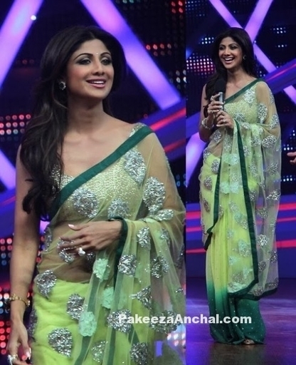 Shilpa Shetty In Lemon Green Netted Transparent Bollywood Designer Saree | Indian Fashion Updates | Scoop.it