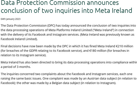 The Irish Data Protection Authority fines Meta €390 millions for breach of GDPR rules | The regulatory insider | Scoop.it